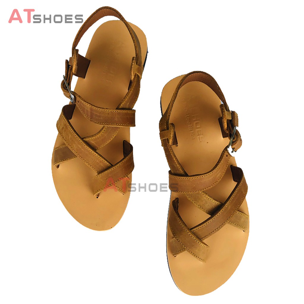 Dép Sandal Unisex cao cấp Da Bò Thật Sandal xỏ ngón nam nữ chuẩn kiểu Hàn Quốc Trẻ Trung Atshoes AT40 (Vàng)