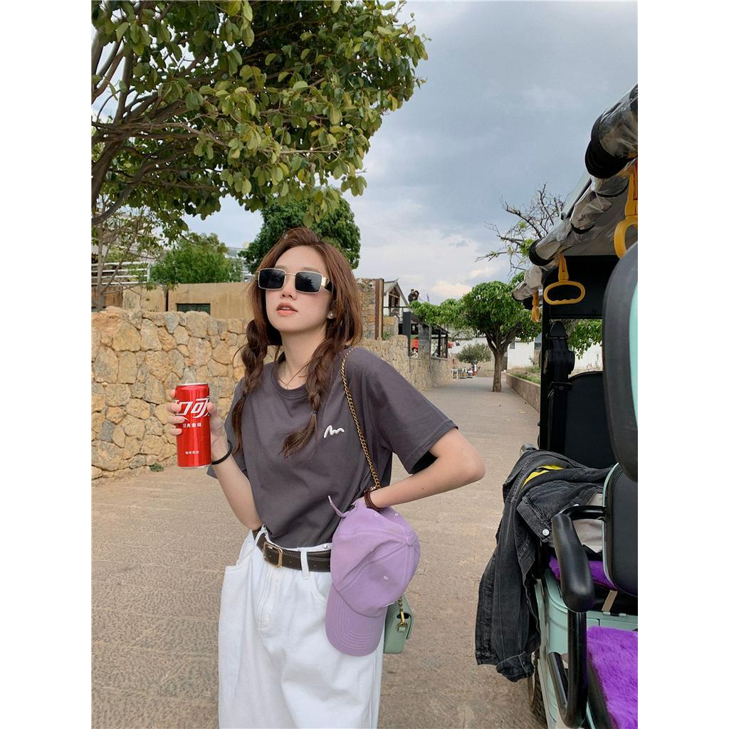 Áo Thun Cotton Trơn Ngắn Tay Dáng Rộng Thêu Họa Tiết Đơn Giản 62793