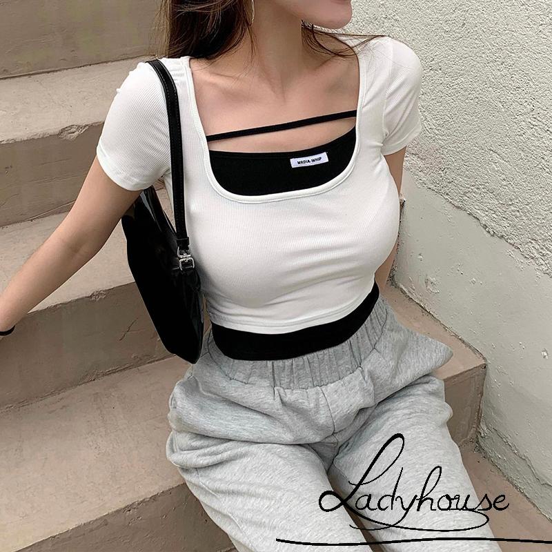 LDD-Women Close-fitting U-shaped Collar T-shirt, Variegated Color Short Sleeve Crop Tops, Black/ White