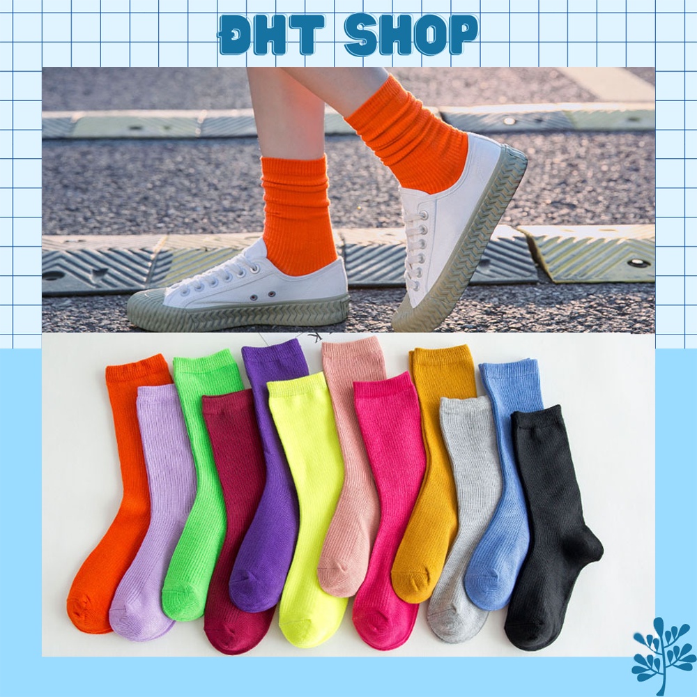 Tất cổ cao, vớ cổ cao nữ nhún màu trơn basic vải cotton co phong cách Hàn Quốc XL7777 - DHT SHOP