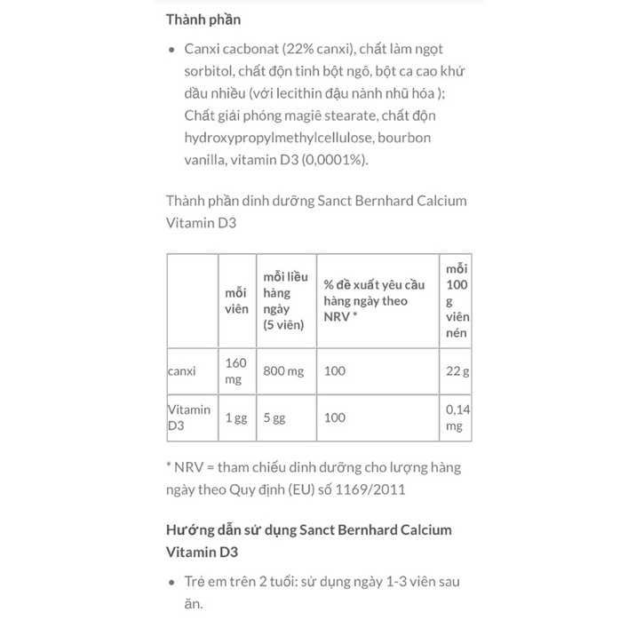 [NỘI ĐỊA ĐỨC] Viên ngậm Sanct Bernhard Calcium Vitamin D3 hương vị sôcla, bổ sung canxi vitamin D3 cho cả gia đình, 150v