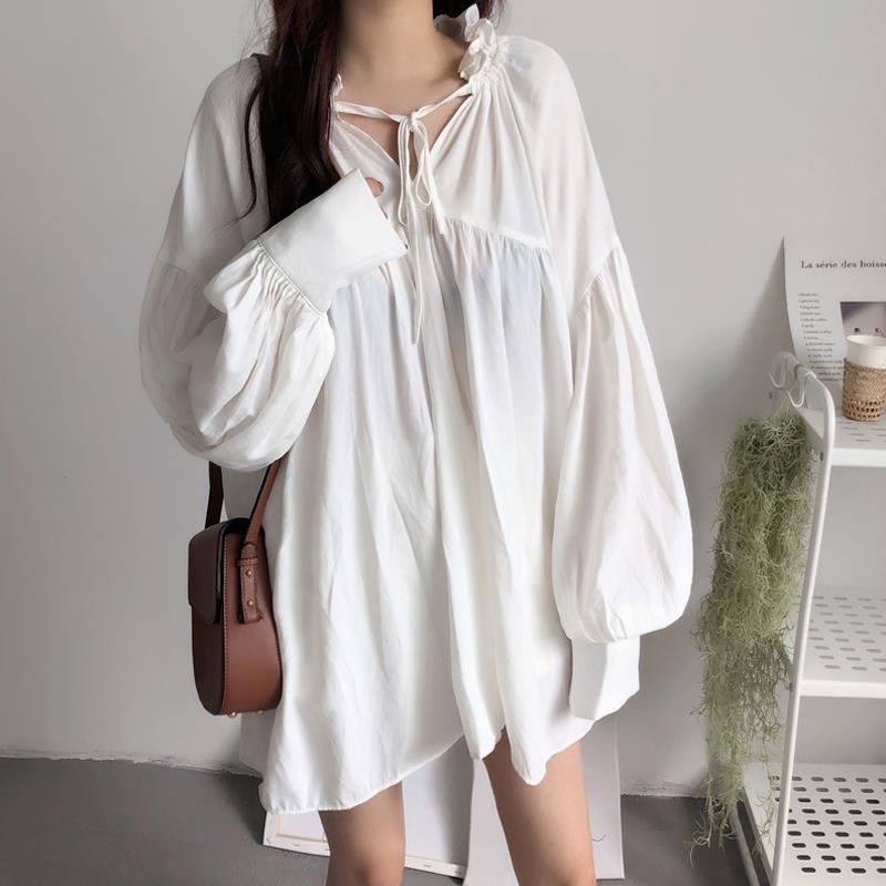 Áo Sơ Mi Trắng Dài Tay Dáng Suông Kèm Chân Váy Xinh Xắn Thời Trang Kiểu Pháp