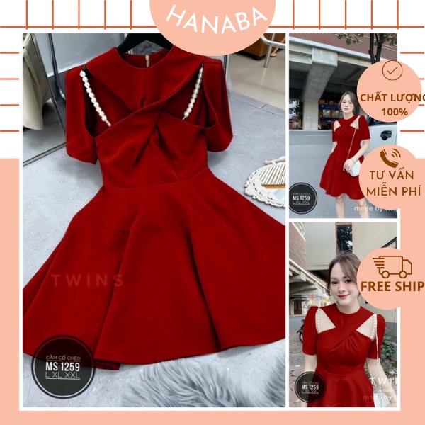 Đầm váy xoè cổ chéo đi tiệc màu đen trắng đỏ bigsize 60-90kg