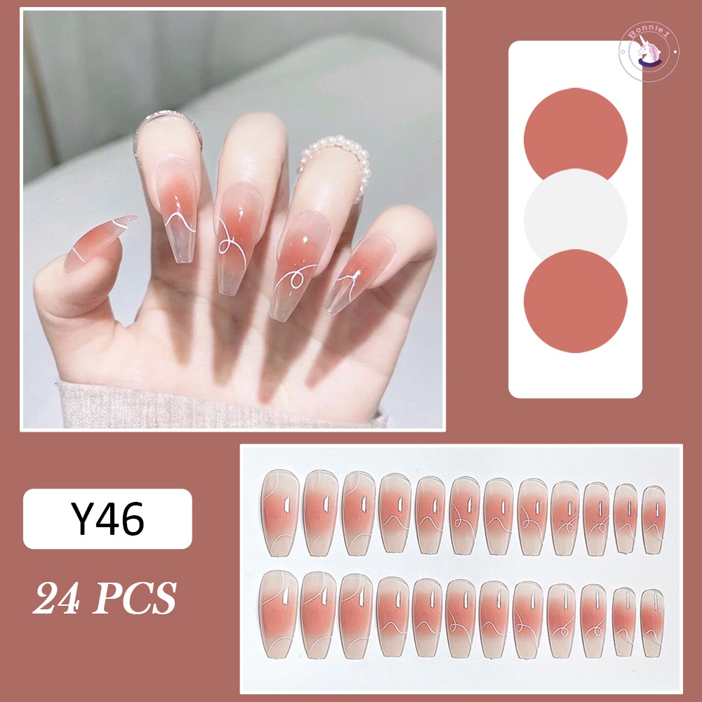 Bộ 24 Móng Tay Giả Màu Trắng Thiết Kế Dài Dễ Xé Không Rơi Tiện Dụng Cho Nữ
