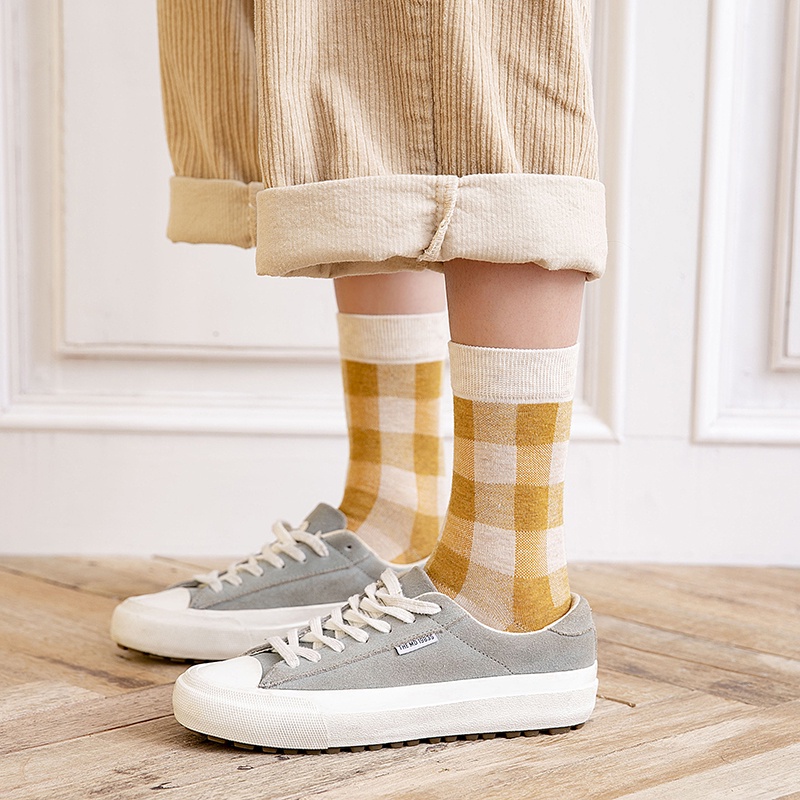 Mix Colour Plaid Women Loose Socks New Trend Cotton Casual Breathable Female Crew Socks College Style Stretch Girls Hosiery