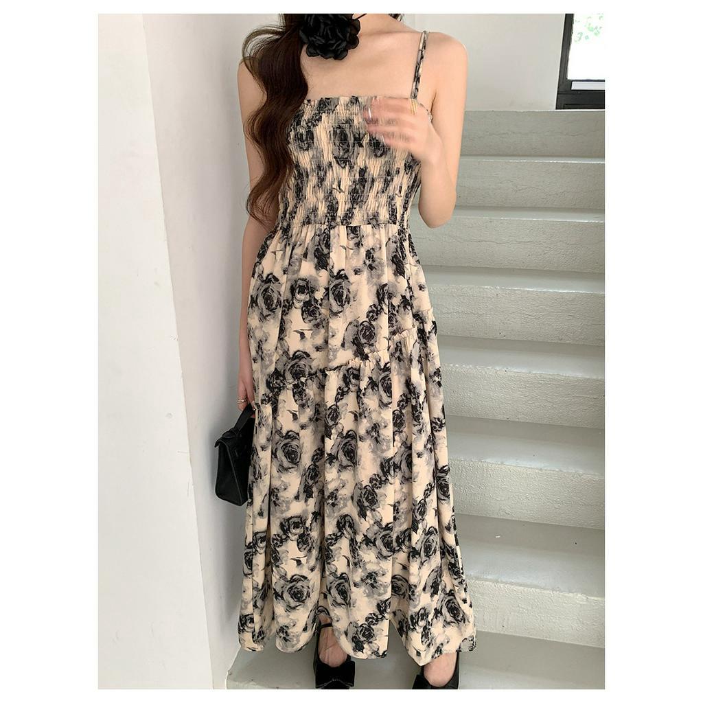 Đầm Hai Dây Cột Dây Eo Cao In Họa Tiết Hoa Hồng Phong Cách Pháp Cổ Điển Thời Trang Mùa Hè Kiểu Mới 62