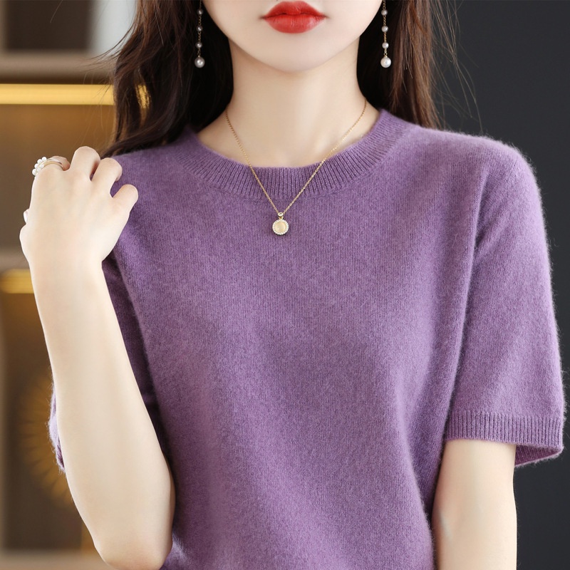 Áo Thun Dệt Kim Tay Ngắn Cổ Tròn Màu Trơn Thời Trang Mùa Hè Cho Nữ