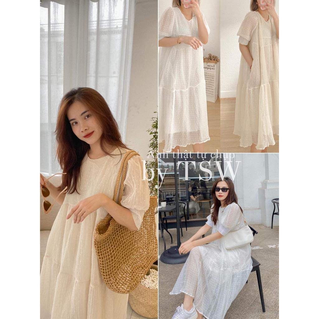 [Mã SKAMA06 giảm 8% tối đa 50K đơn 250K] Váy babydoll voan tơ 2 lớp chấm bi (Ảnh thật)