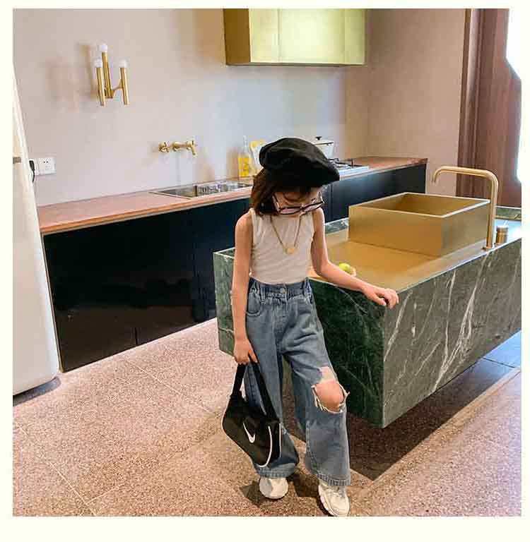 Quần Denim Ống Rộng Thiết Kế Rách Cá Tính Thời Trang Cho Bé Gái