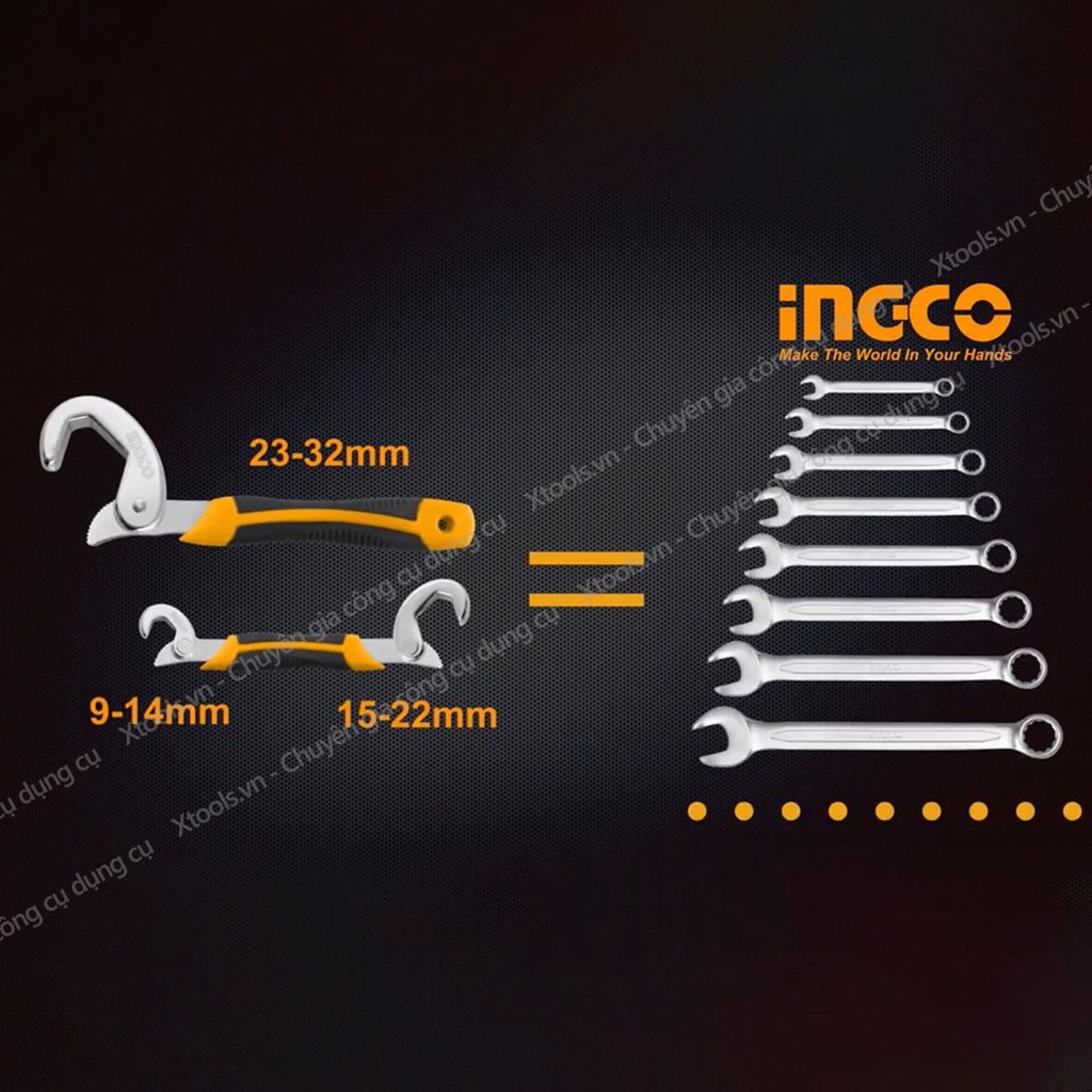 Bộ mỏ lết tự động đóng mở đa năng INGCO thép Cr-V siêu cứng chống rỉ mở bulong ốc vít ống nước sửa chữa nhà cửa cơ khí