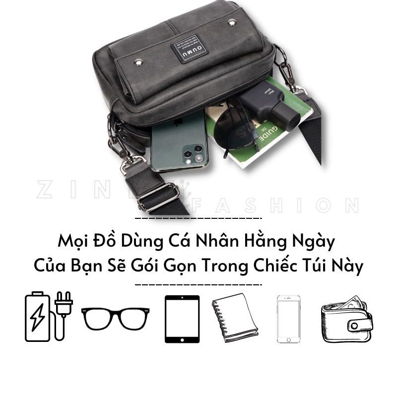 Túi Đeo Chéo Nam Nữ  Thời Trang OUMU Màu Xám Cao Cấp - Túi Xách Nam Nữ Chất Liệu PU Bền Đẹp ZINLY