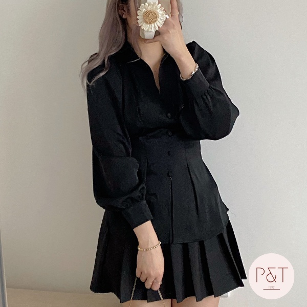 Áo Sơ Mi Lụa Cúc Bọc Thắt Nơ Lưng Siêu Xinh