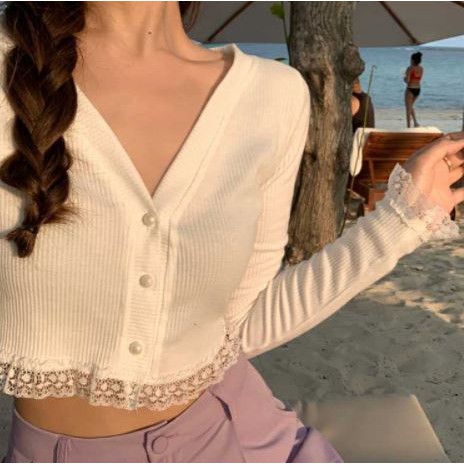 Áo croptop nữ tay dài phối ren len tăm thời trang