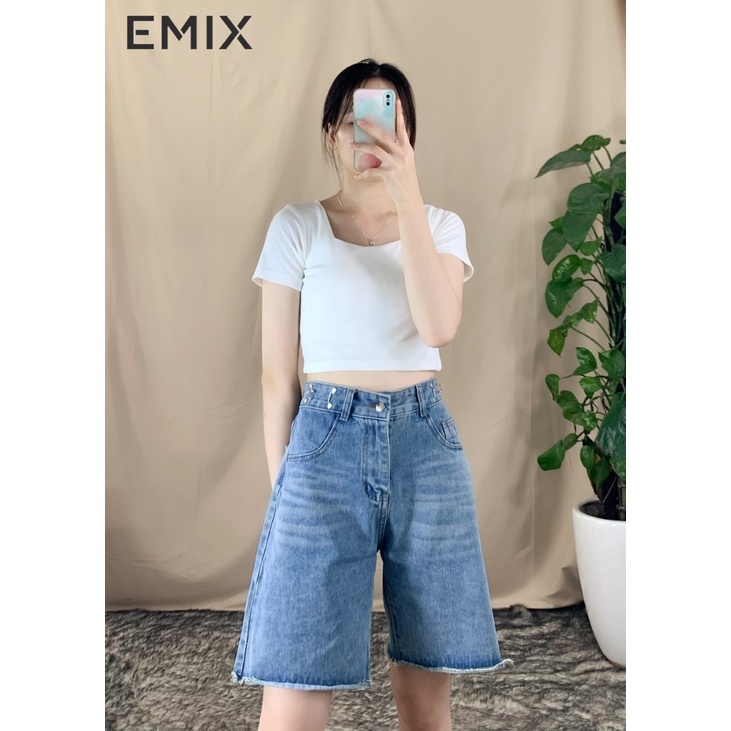 Quần short nữ móc cài EMIX (2 màu), dáng lửng, cạp cao, ống rộng, chất jean, mềm , dày dặn, không bai xù