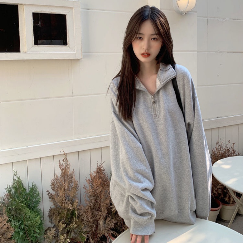 Áo Sweater Cổ Polo Dáng Rộng Dài Trung Bình Thời Trang Hàn Quốc Hàng Mới Màu Xám 2023 Dành Cho Nữ
