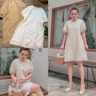 [HÀNG CAO CẤP] Đầm suông ren xô thêu tay ngắn basic