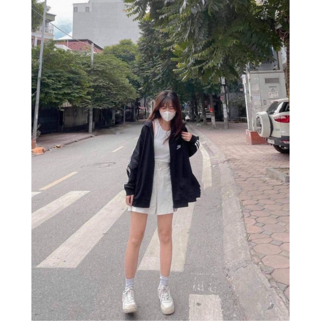 Áo Khoác From Rộng Thêu Logo 3 Sọc Nữ [Freeship]�Jacket thể thao nỉ ngoại màu đen