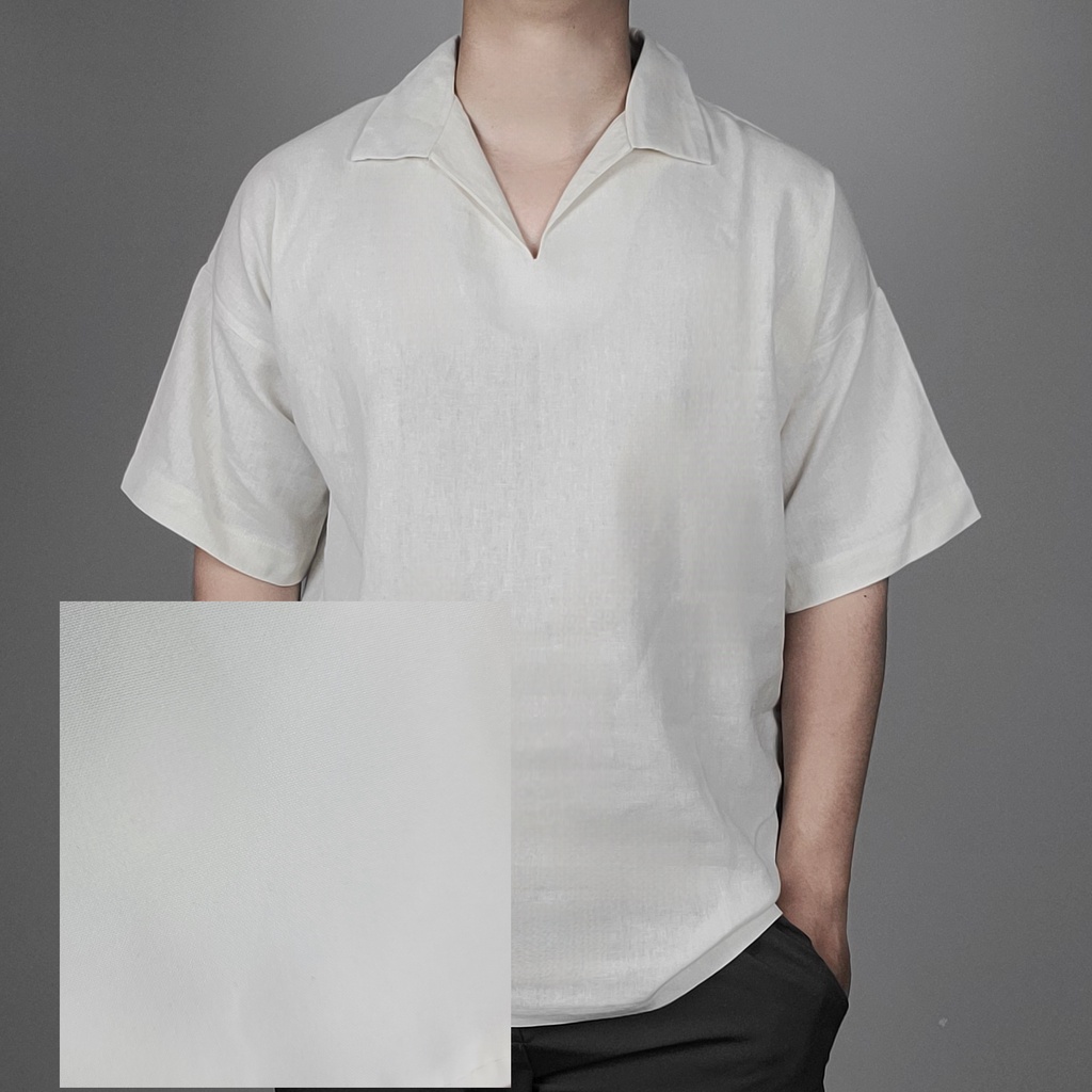 Áo polo nam form hàn quốc. chất liệu linen, màu trắng vintage
