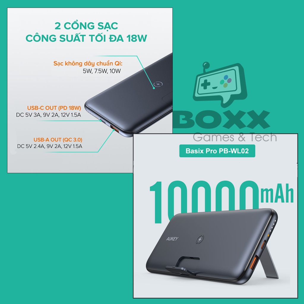 Pin Sạc Dự Phòng 10000mAh Aukey PB-WL02, PB-WL03S 20000mAh PD 18W, QC 3.0, Không Dây Qi 10W