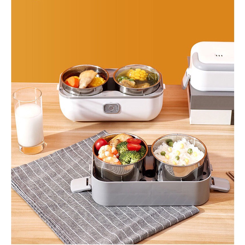 Hộp cơm cắm điện lunchbox - hộp cơm văn phòng 2 tầng 4 bát inox, nấu chín - ảnh sản phẩm 5