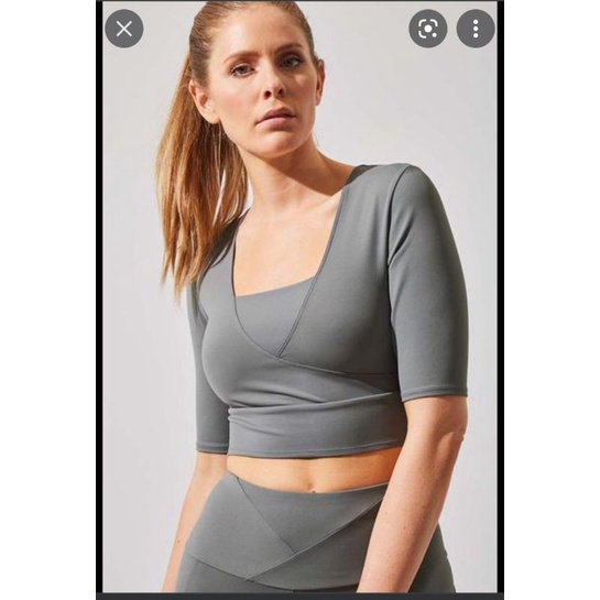 Áo crop top ôm body thể thao MPG vnxk knit cổ V đắp chéo tay lửng áo tập xuất khẩu dư xịn