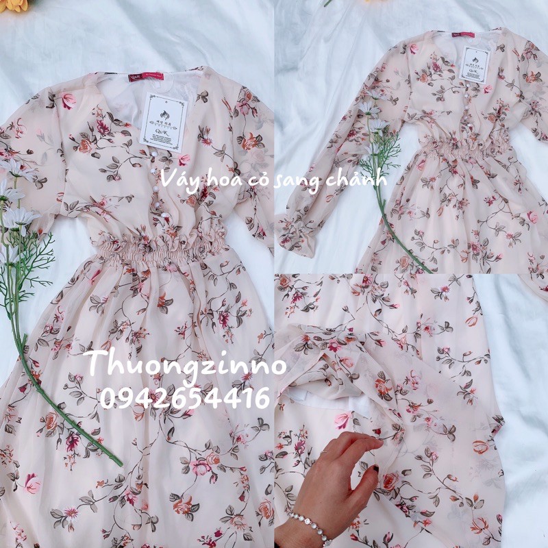 Váy Hoa ulzzang dáng dài cúc bọc voan tơ Quảng Châu Đầm hoa nhí vintage dáng dài