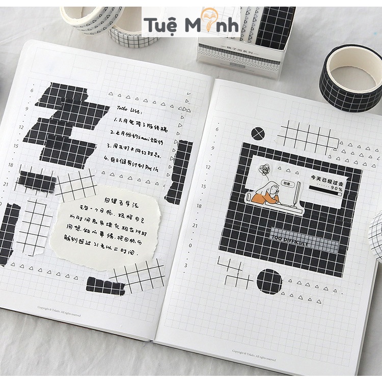 Set washi tape dài 3m họa tiết kẻ, chấm bi - bộ băng dính trang trí sổ Bullet Journal, thiệp