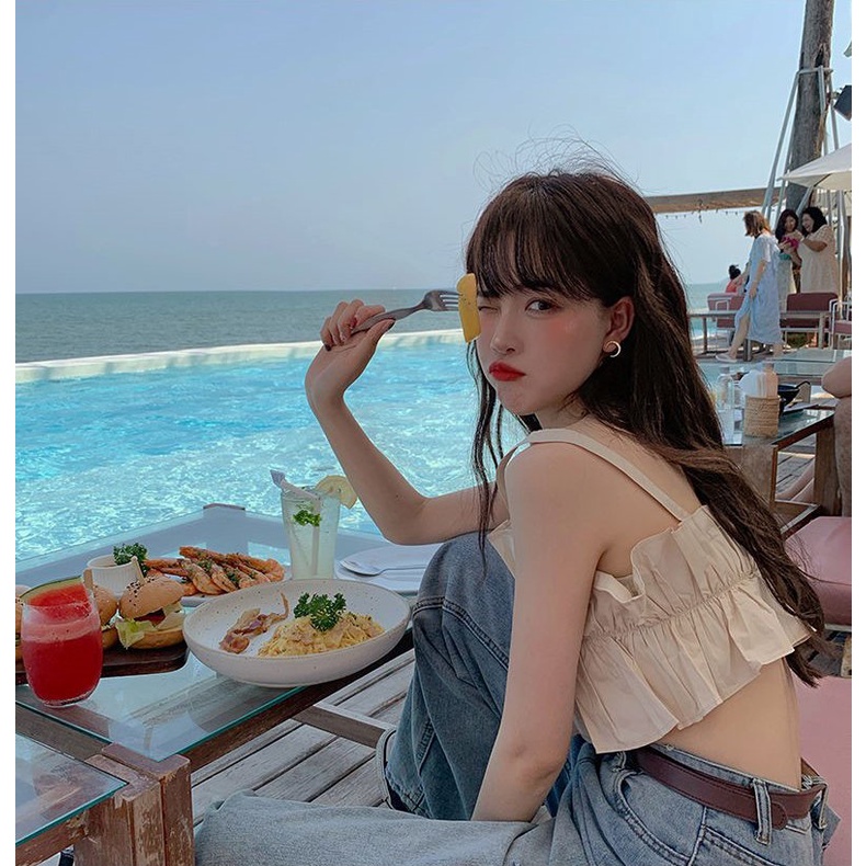 Áo croptop nữ 2 dây bản to xếp ly Wikishop đen be freesize phom ôm có chun co giãn hở eo sexy hàn quốc C956