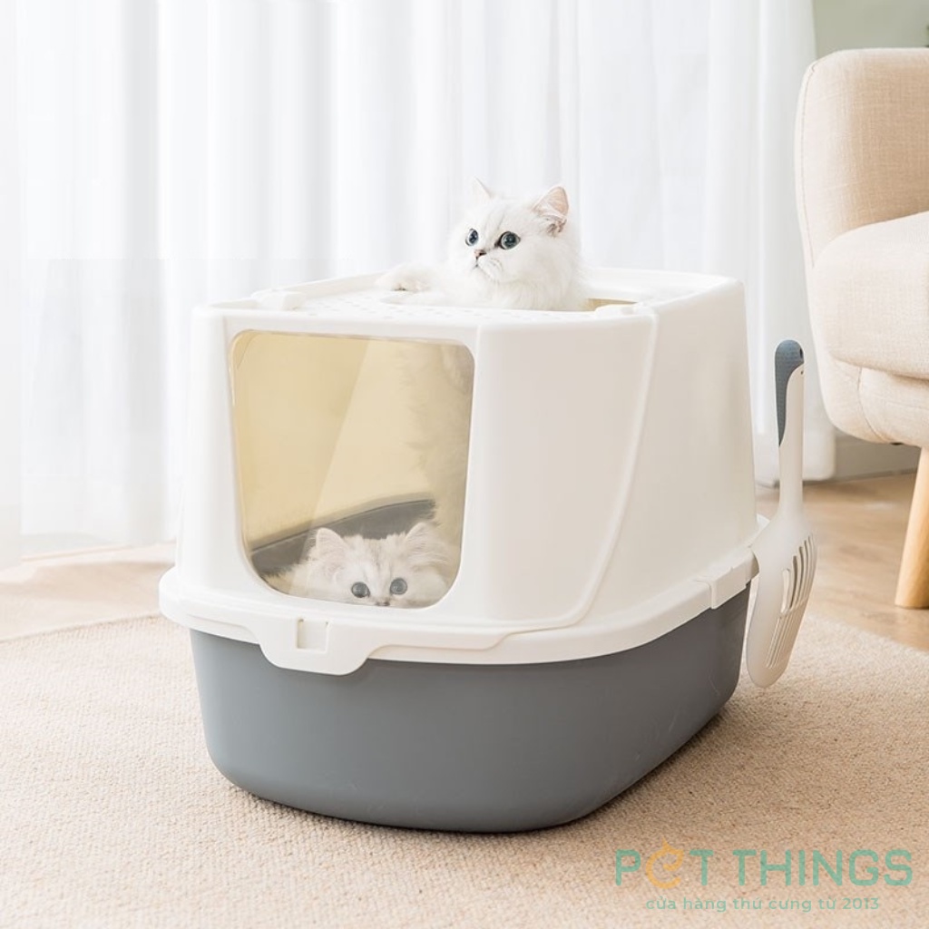 Pakeway Nhà vệ sinh toilet kín cho mèo chiếc Tàu 2 cửa ra và cửa vào riêng biệt