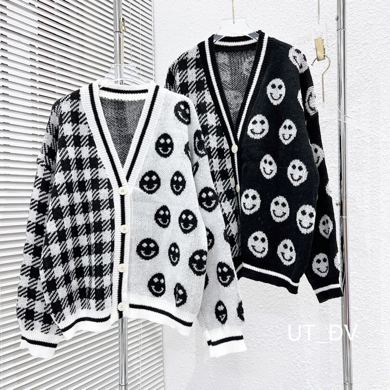 Áo khoác cardigan nữ YUNA lông thỏ dáng rộng hoạ tiết mặt cười viền đen  phong cách Hàn Quốc, thời trang nữ YUNA_AK002
