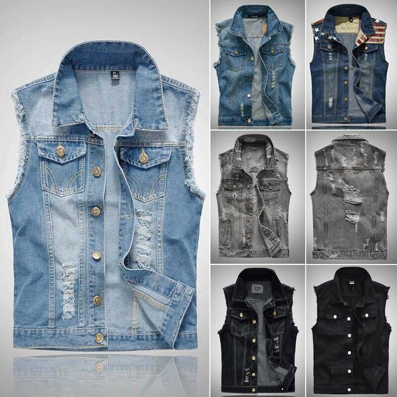 Áo khoác nam Áo khoác nam Áo khoác denim Áo khoác denim Áo khoác Jean Áo khoác ngoài không tay Áo kh