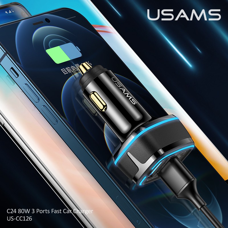 Tẩu Sạc USAMS Cao Cấp Dùng Trên Xe Hơi 3 Cổng Usb C24 80w Dành Cho IPHONE OPPO SAMSUNG HUAWEI VIVO XIAOMI