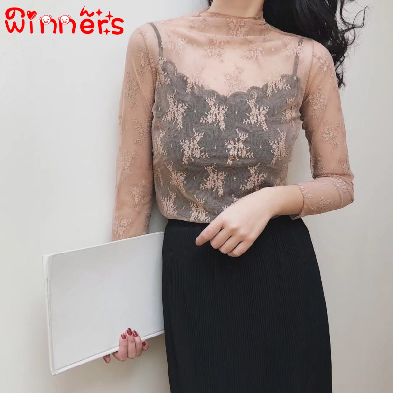 Áo Thun Tay Dài Cổ Cao Phối Lưới Chất Liệu Co Giãn Màu Sắc Thanh Lịch
