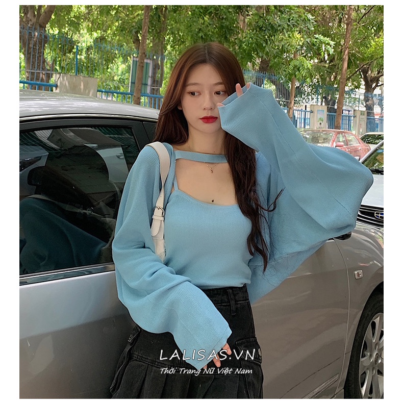 Set Áo Hai Dây + Áo Khoác Cardigan Dệt Kim Tay Dài Dáng Rộng Phong Cách Thời Trang Hàn Quốc