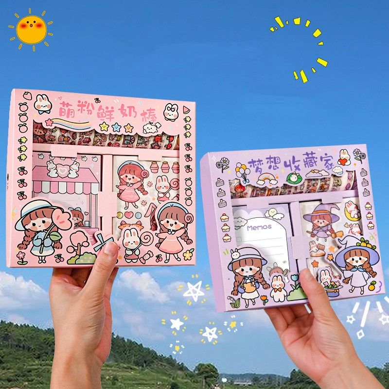 Hộp Sticker Cute 10 tờ - 10 Washi Tape - 30 Tờ Giấy Note  Sitker Trang Trí Sổ Tay  Hinh Dan Cute Hình Dán Công Chúa Giấy Nhớ
