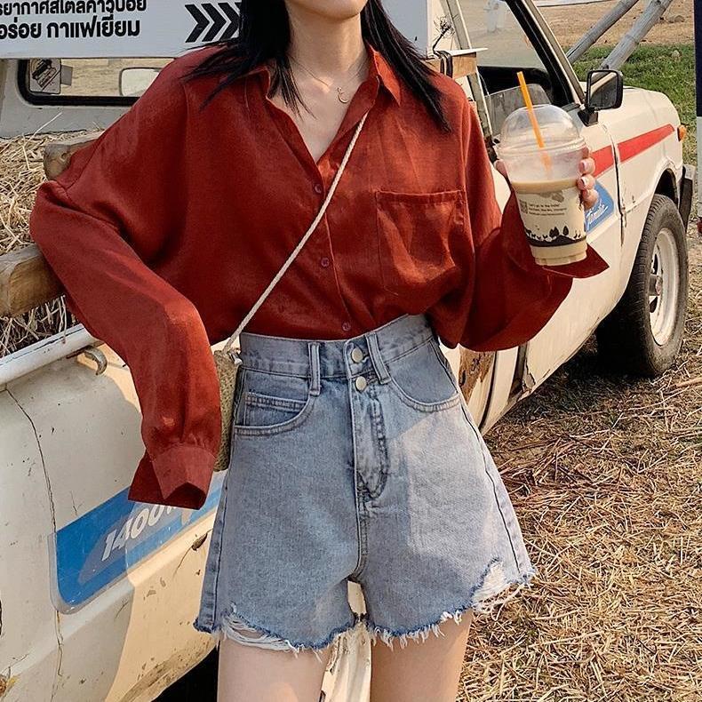 Quần short nữ denim rách ống rộng cạp cao chữ A màu xanh lam vintage Phong cách hàn quốc