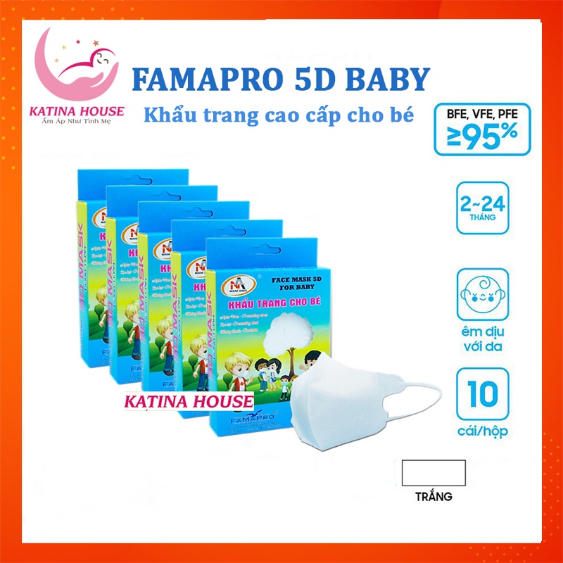 Khẩu trang y tế trẻ em 3 lớp kháng khuẩn 5D mask Famapro Nam Anh, dây đeo mềm mại (hộp 10 cái)