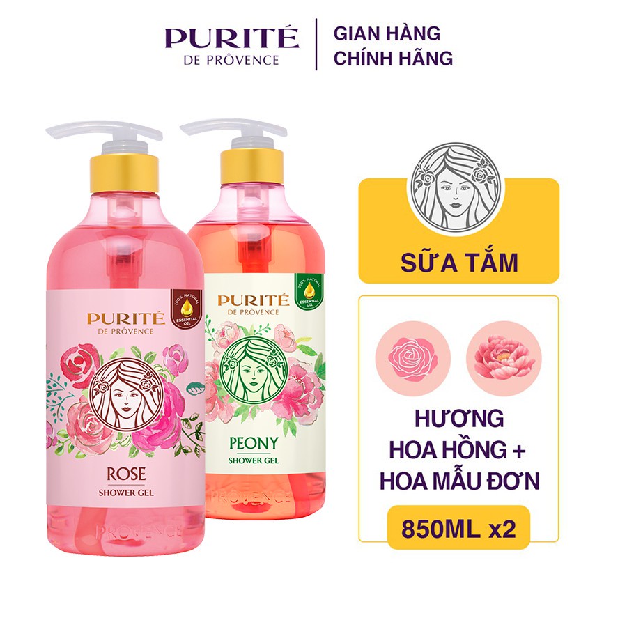 Combo 2 Sữa Tắm Purité Mềm Mịn Hoa Hồng 850ml + Sữa tắm Purité thư giãn hoa mẫu đơn 850ml