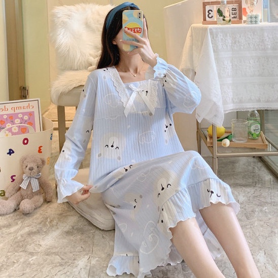Đầm ngủ cổ vuông dáng rộng tay dài đính nơ phong cách công chúa ngọt ngào xinh xắn đáng yêu dành cho nữ