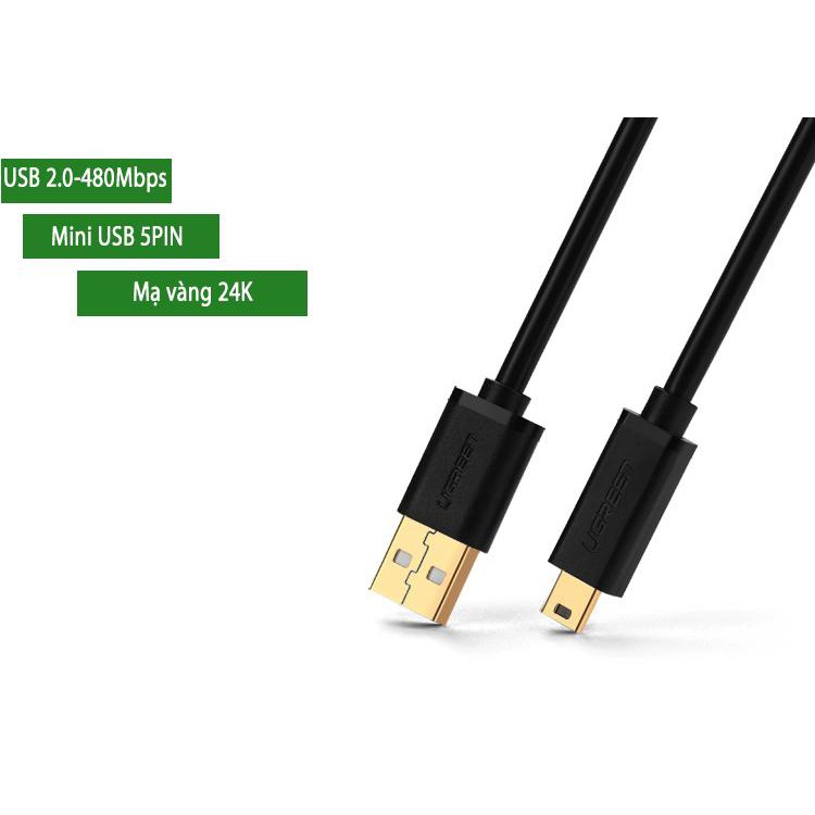 _Dây USB 2.0 sang Mini USB mạ vàng chính hãng ugreen dành cho cho máy ảnh, HDD Box,TV box, Máy nghe nhạc