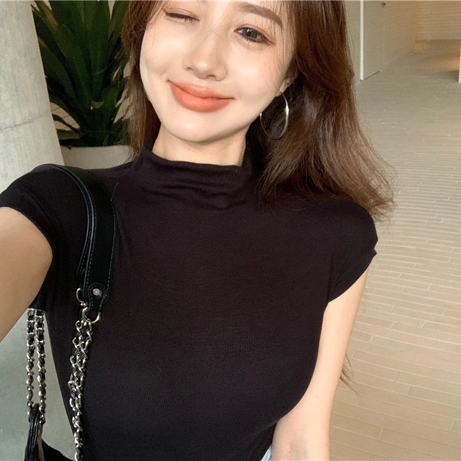 SUXI Áo Thun Tay Ngắn Cổ Lọ Màu Sắc Trơn Dáng Ôm Thời Trang Mùa Hè Dành Cho Nữ