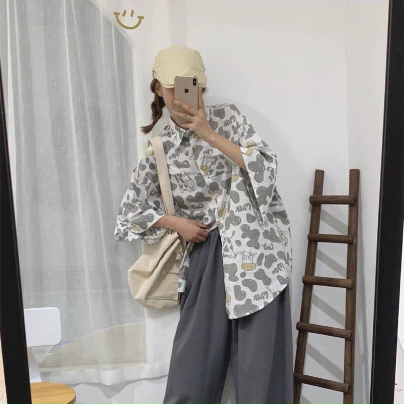 Áo sơ mi in hoạ tiết bò sữa màu xanh, tím, trắng dáng rộng tay lở hottrend 2021 Unisex Nam nữ