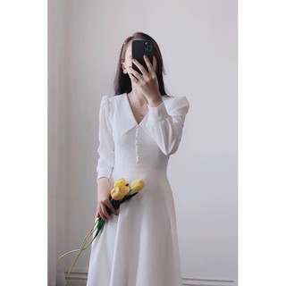 Đầm váy freesize trắng tay dài nút bọc