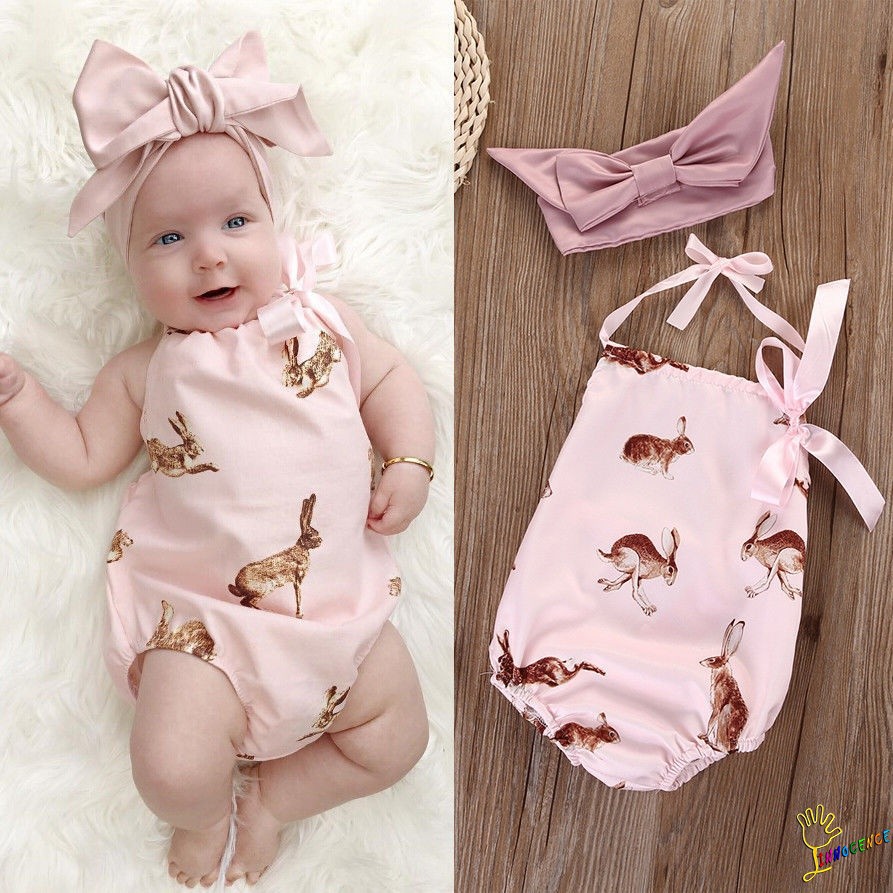 ❤XZQ-Newborn Toddler Baby Girls Clothes Pink Rabbit Romper Bodysuit Outfits Headband 0-18Months