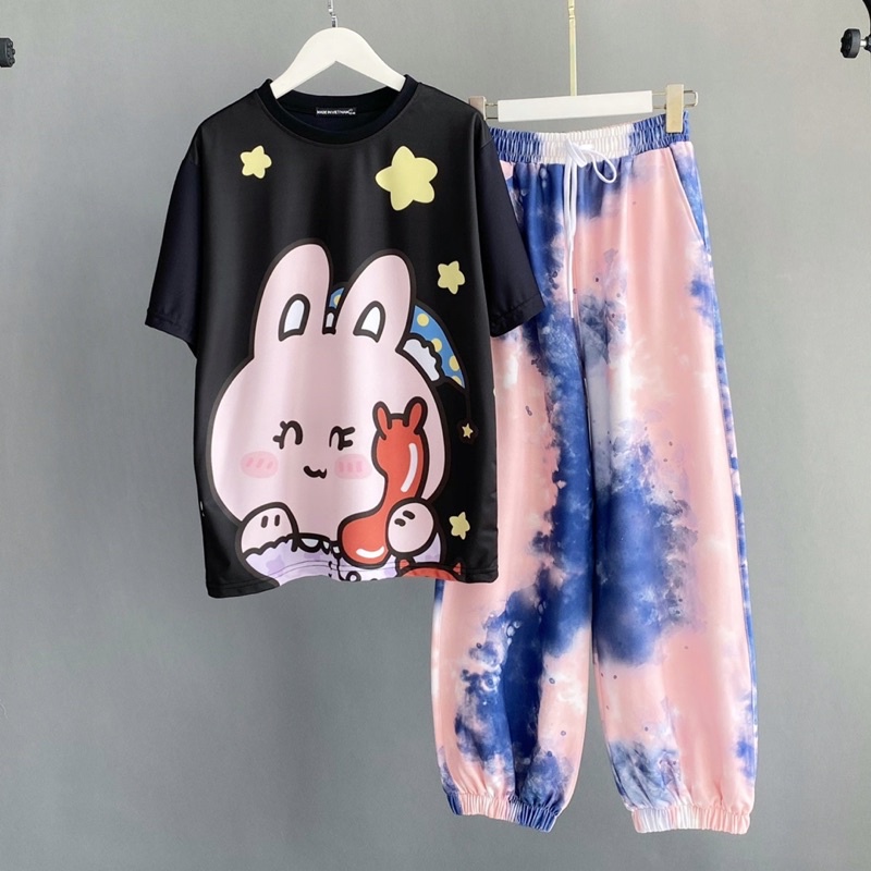 Đồ bộ hoạt hình set áo thun tay lỡ quần jogger form quần thể thao năng động cho nam nữ