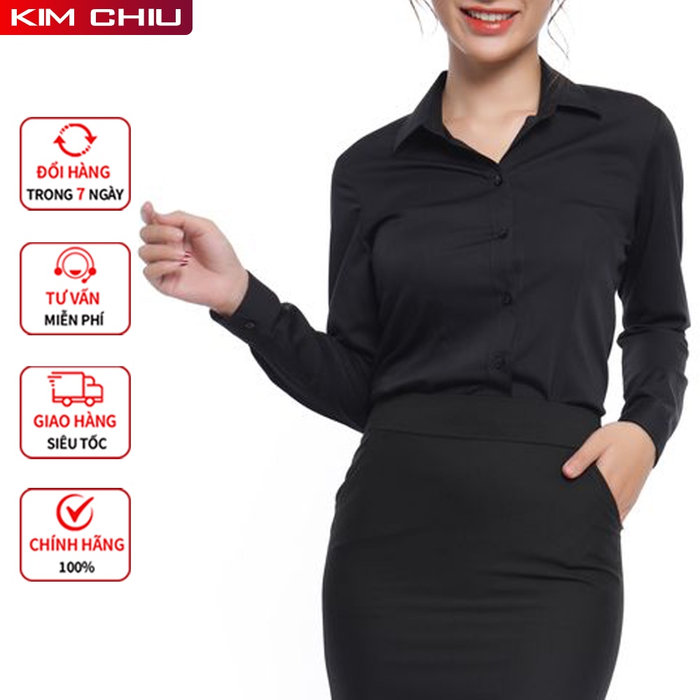 Áo Sơ Mi Nữ Công Sở Kim Chiu Cao Cấp, Form Mai An, Màu Đen Tay Dài Vải Kate Ý Đẹp Ít Nhăn Giãn Nhẹ. SMTD01