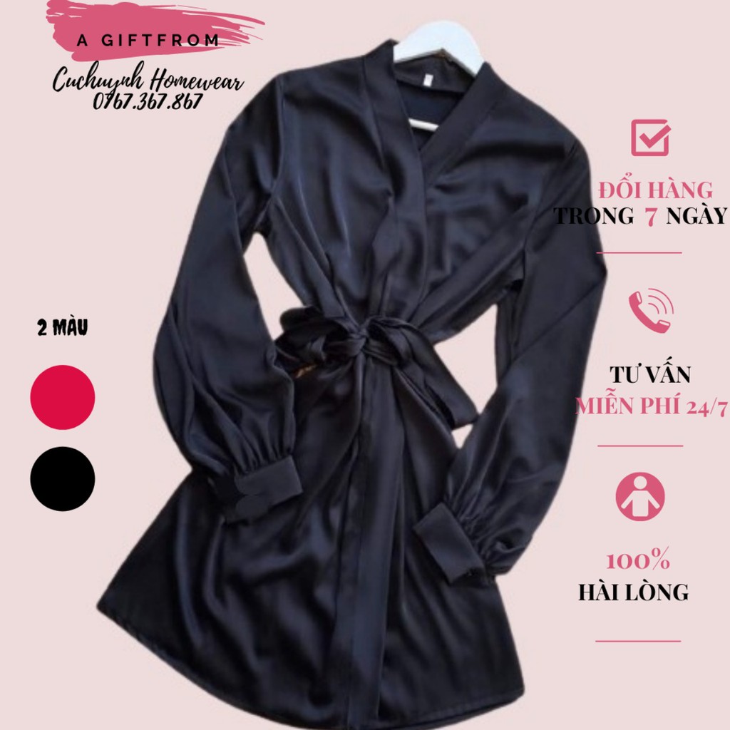 Áo choàng ngủ [Dưới 60kg] Áo choàng dài tay cao cấp, AC0008, màu đen trơn, phong cách sang trọng, hàng may kĩ đẹp