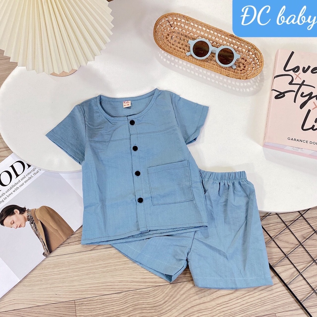 Bộ quần áo trẻ em vải đũi áo cộc tay kèm quần đùi bộ đũi cho bé trai bé gái 8-18kg Tunkid mặc hè thoáng mát