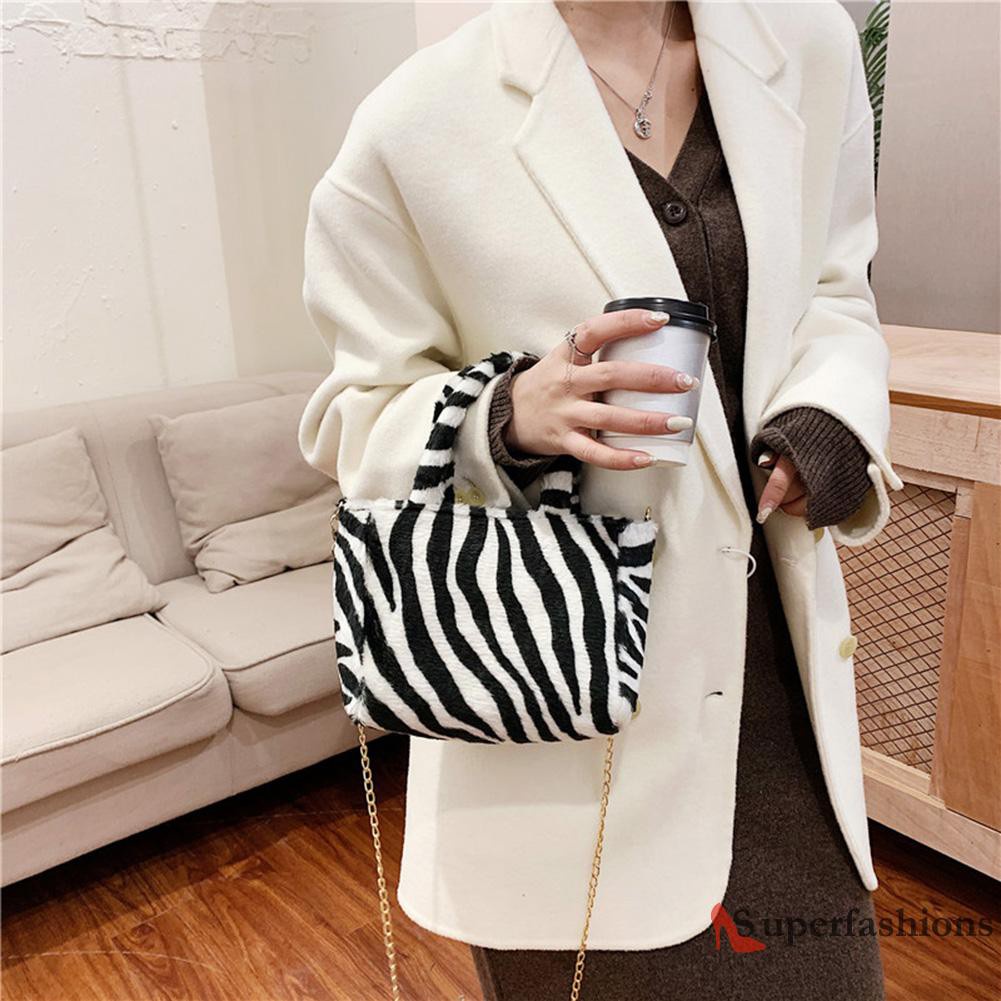 【Hot Sale】Autumn Shoulder Handbag Zebra Pattern Plush Women Chain Messenger Bag Totes