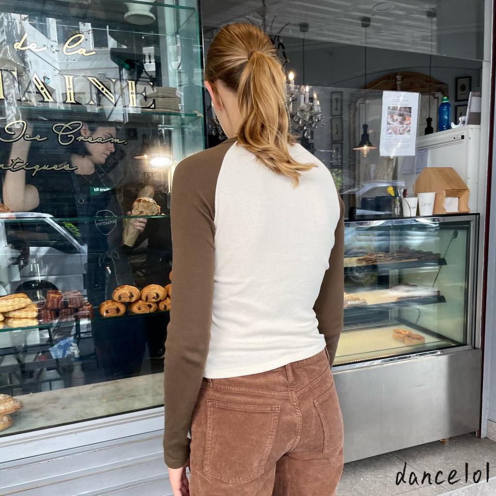 Áo Thun Nữ Tay Dài Cổ Tròn Màu Tương Phản Thời Trang dance1o1-Harajuku